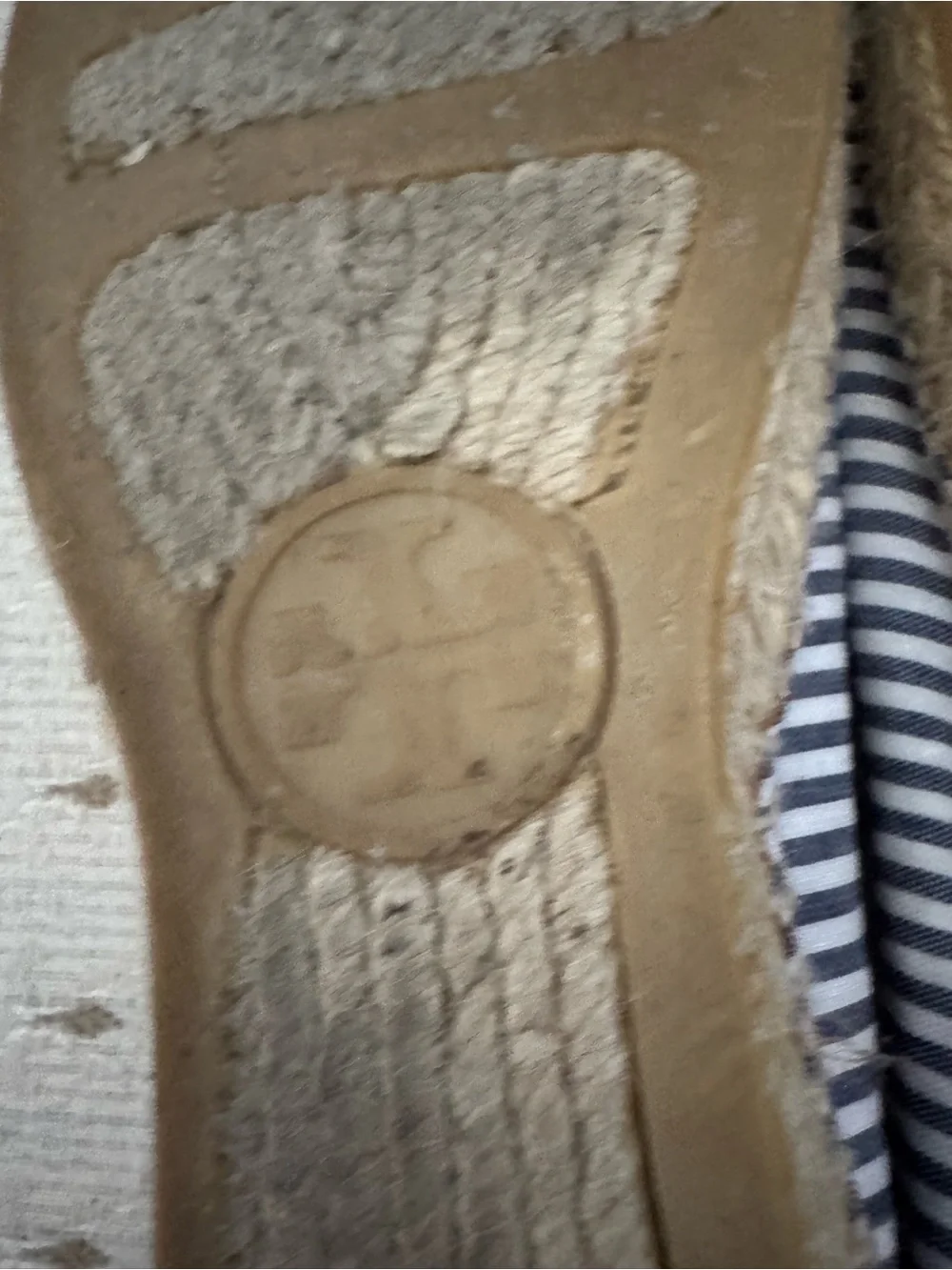 Tory Burch Navy and White Striped Espadrille Flats with Gold Sequin Flower